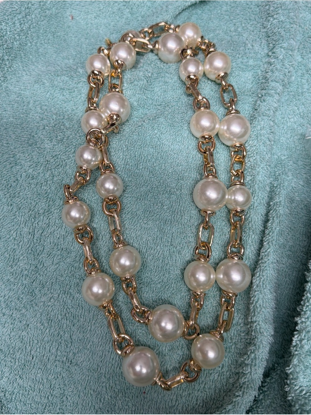 Natasha Gold 44”  Chain Necklace with White Feux Pearl Beads - Elegant Women's